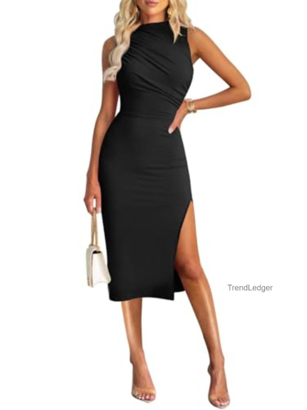 Mock Neck Sleeveless Ruched Bodycon Midi Dress Side Slit Cocktail Party